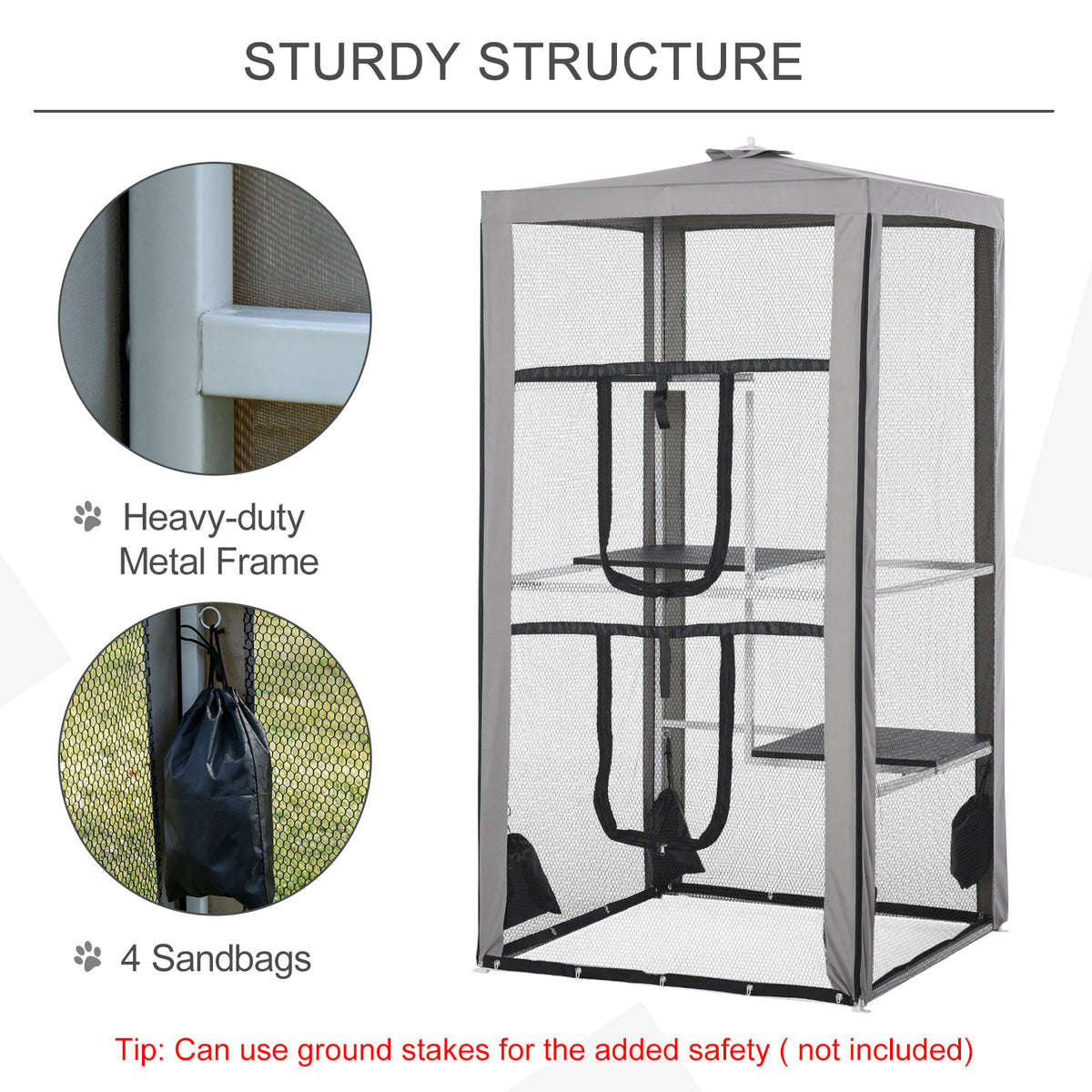 PawHut 79"H Cat House Kitten Enclosure Mesh Playpen Steel Frame with 3 Platforms, 2 Doors and 4 Sandbags for Stability, Indoor/Outdoor