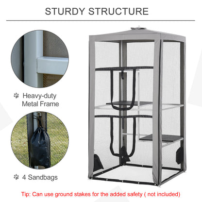 PawHut 79"H Cat House Kitten Enclosure Mesh Playpen Steel Frame with 3 Platforms, 2 Doors and 4 Sandbags for Stability, Indoor/Outdoor