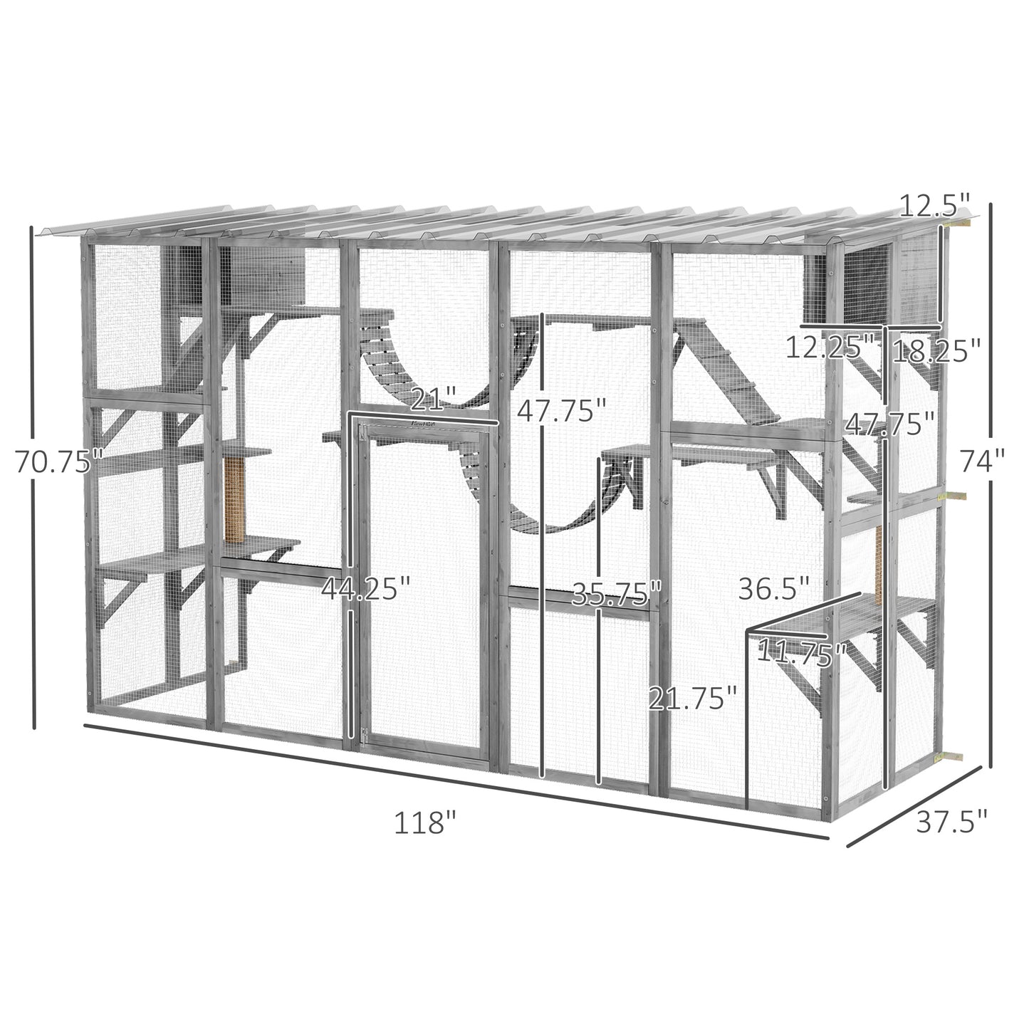 PawHut Outdoor Cat Cages Enclosures, Wooden Outdoor Cat House, Weather Protection Roof, Cat Shelter Kitten Playpen with Shelves & Bridges