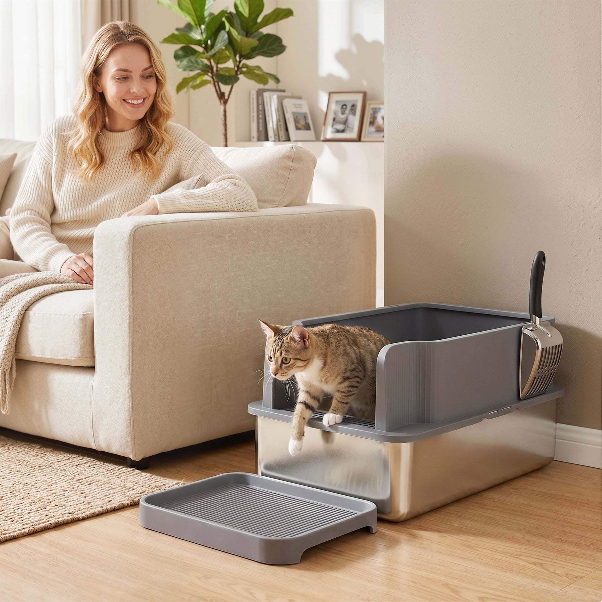 PawHut Stainless Steel Sifting Litter Box for Pine Pellets, Large Metal Litter Box with Sifter Tray, Metal Scoop, 10 Pee Pads
