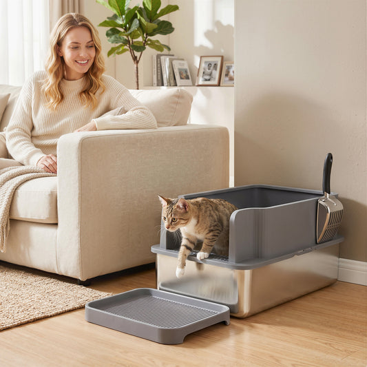 PawHut Stainless Steel Sifting Litter Box for Pine Pellets, Large Metal Litter Box with Sifter Tray, Metal Scoop, 10 Pee Pads