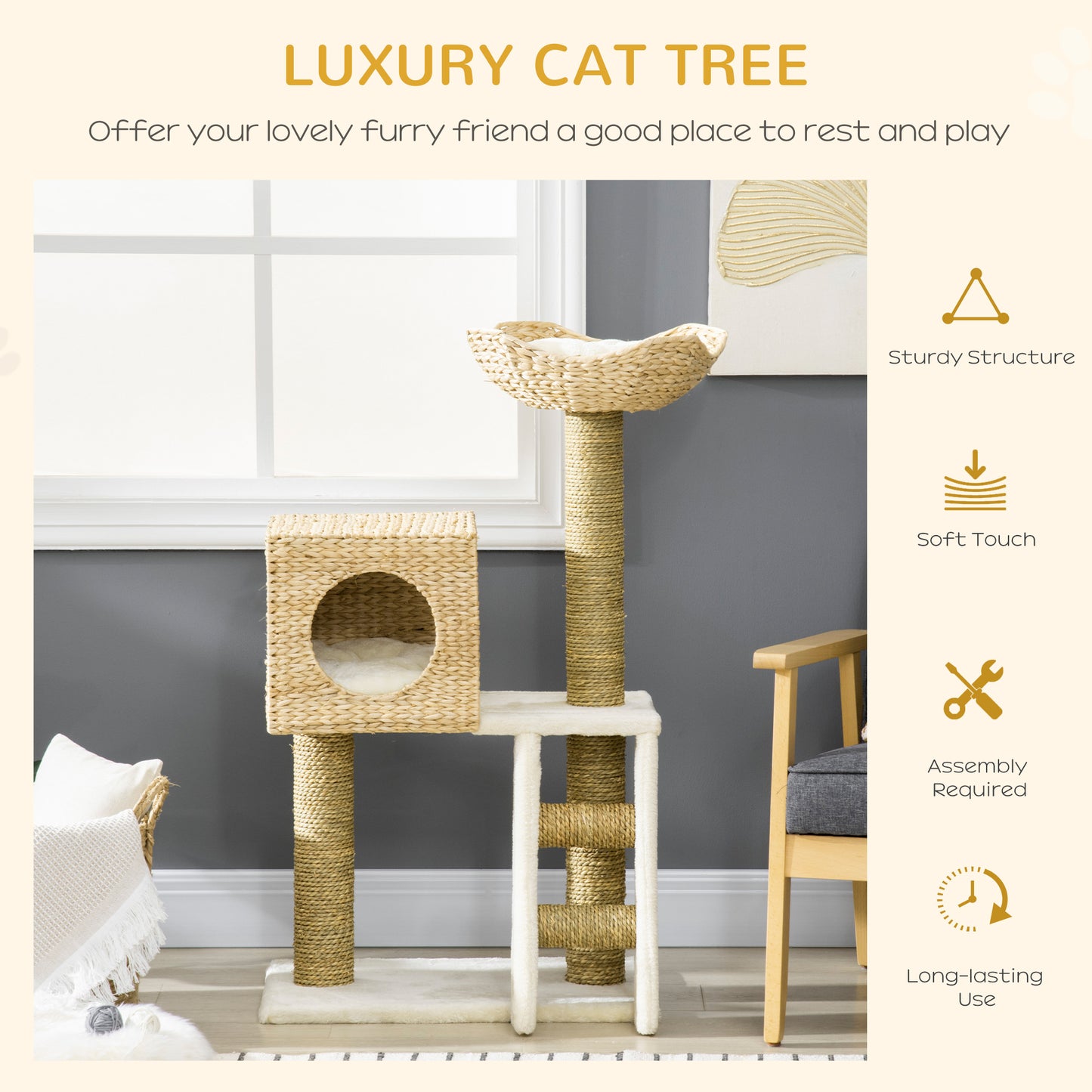 PawHut Modern Cat Tree with Condo Scratching Posts Bed Ladder Washable Cushions Natural | Aosom.com