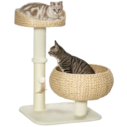 PawHut 28" Elevated Cat Bed with Sisal Scratching Post, Modern Cat Tree with Cute Basket Design, Small Cat Tree with Fun Ball Toy