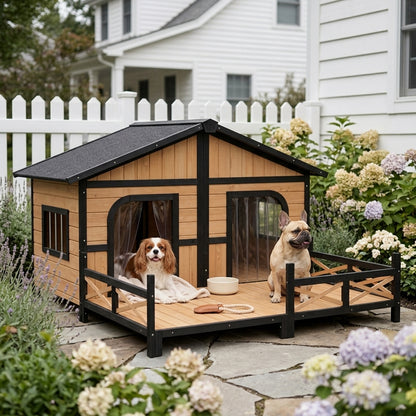 PawHut 59"x64"x39" Large Wooden Dog House Raised Weatherproof Rustic Log Cabin Style Elevated Pet Shelter Porch Deck, Natural
