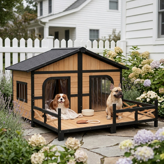 PawHut 59"x64"x39" Large Wooden Dog House Raised Weatherproof Rustic Log Cabin Style Elevated Pet Shelter Porch Deck, Natural