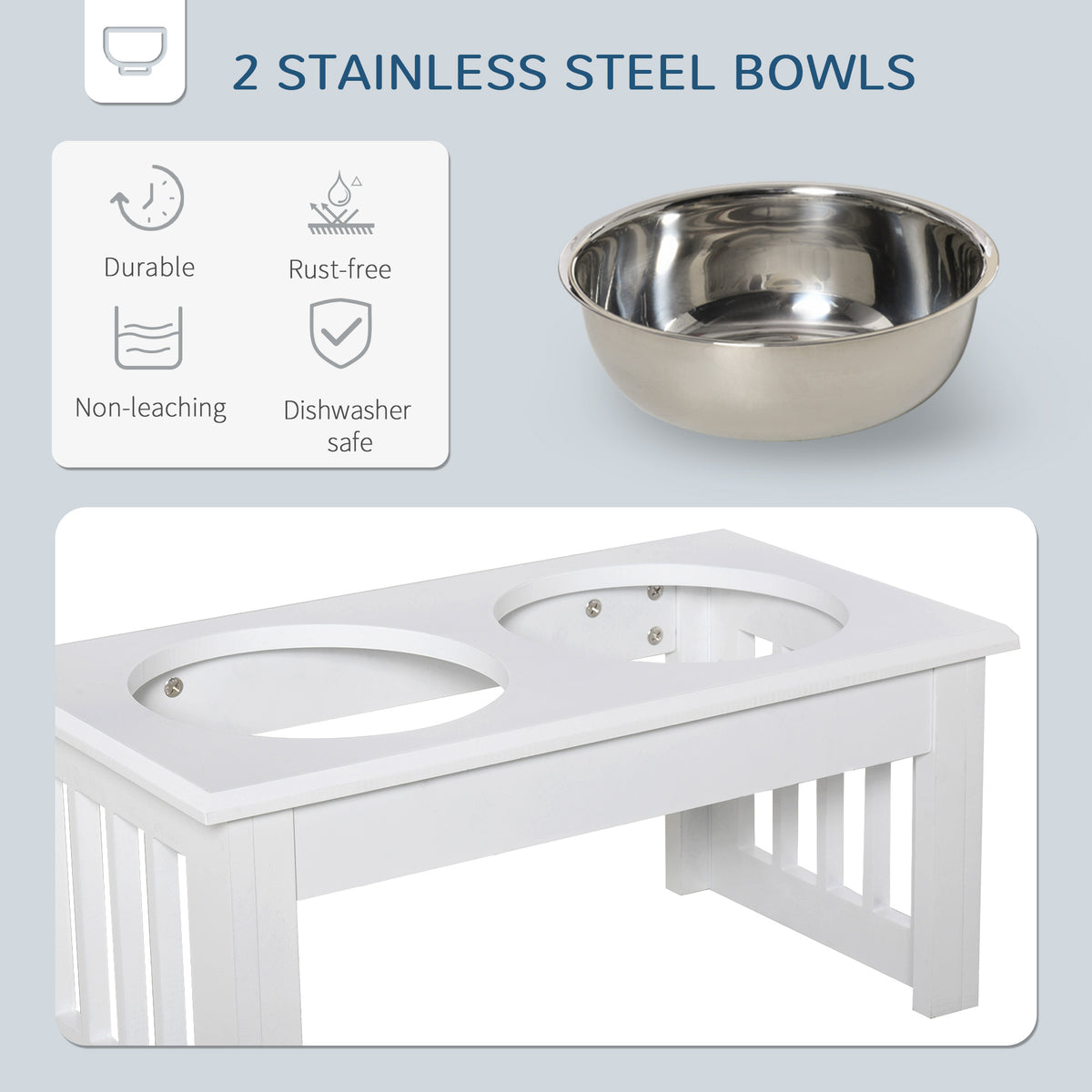 PawHut Wooden Dog Feeding Station with 2 Stainless Steel Bowls and Non-Slip Base Elegant White | Aosom.com