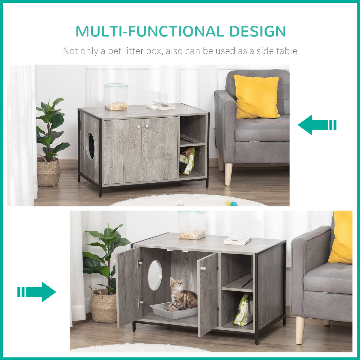 PawHut Cat Litter Box Enclosure Hidden Cat Furniture Cabinet Indoor Cat Washroom Double-door with Damping Hinge Multiple Storage Place Adjustable Grey