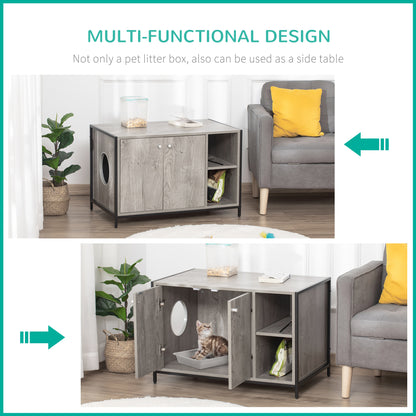 PawHut Cat Litter Box Enclosure Hidden Cat Furniture Cabinet Indoor Cat Washroom Double-door with Damping Hinge Multiple Storage Place Adjustable Grey