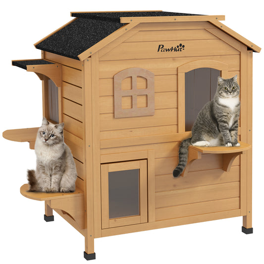 PawHut 2-Story Wooden Outdoor Cat House Feral Shelter with Escape Door Asphalt Roof 4 Platforms Natural | Aosom.com