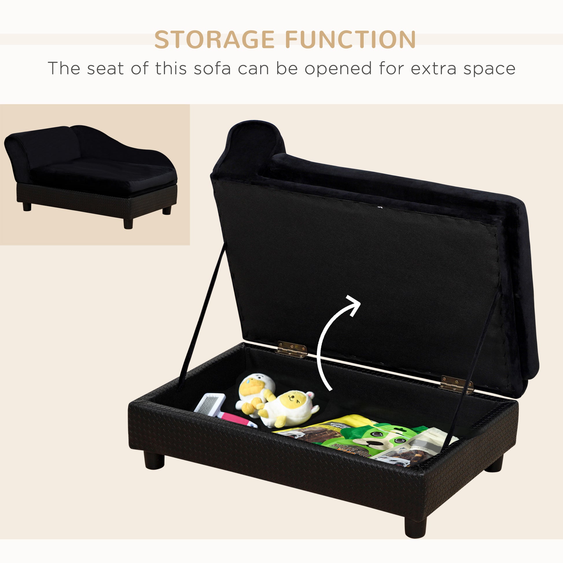 PawHut Luxury Dog Bed for Small Dogs, Hidden Storage, 3" Foam Cushion, Modern Pet Sofa, Black | Aosom.com