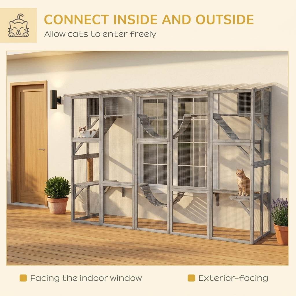PawHut Outdoor Cat Cages Enclosures, Wooden Outdoor Cat House, Weather Protection Roof, Cat Shelter Kitten Playpen with Shelves & Bridges