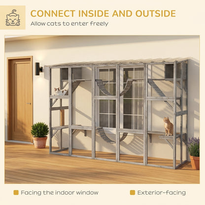 PawHut Outdoor Cat Cages Enclosures, Wooden Outdoor Cat House, Weather Protection Roof, Cat Shelter Kitten Playpen with Shelves & Bridges