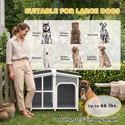 PawHut Cabin-Style Wooden Dog House for Large Dogs with Openable Roof & Giant Window,Gray