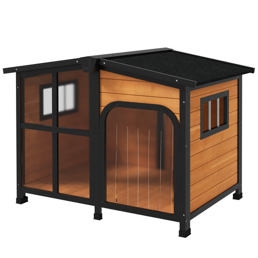 PawHut 43" L Wooden Dog House, Outdoor Waterproof Dog Kennel for Large Dogs with Openable Roof & Giant Window, Yellow | Aosom.com