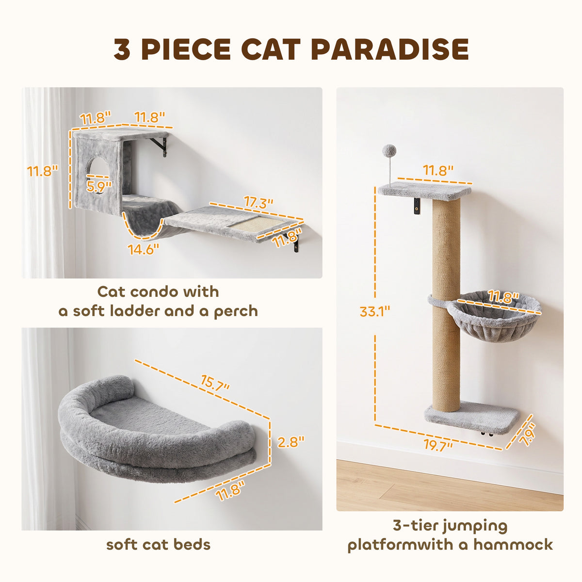 PawHut 3-In-1 Cat Wall Shelves with Condo, Bed, Hammock, Scratching Post and Spring Ball, Gray