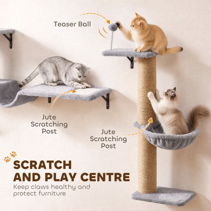 PawHut 3-In-1 Cat Wall Shelves with Condo, Bed, Hammock, Scratching Post and Spring Ball, Gray