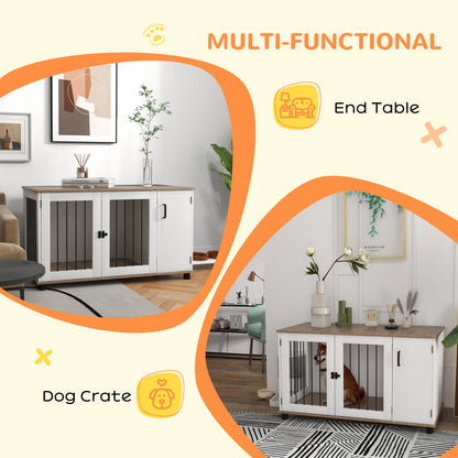 PawHut 2-In-1 Dog Crate Table w/ Double Doors and Storage, Dog Cage for Medium and Large-sized Dogs, Walnut and White | Aosom.com