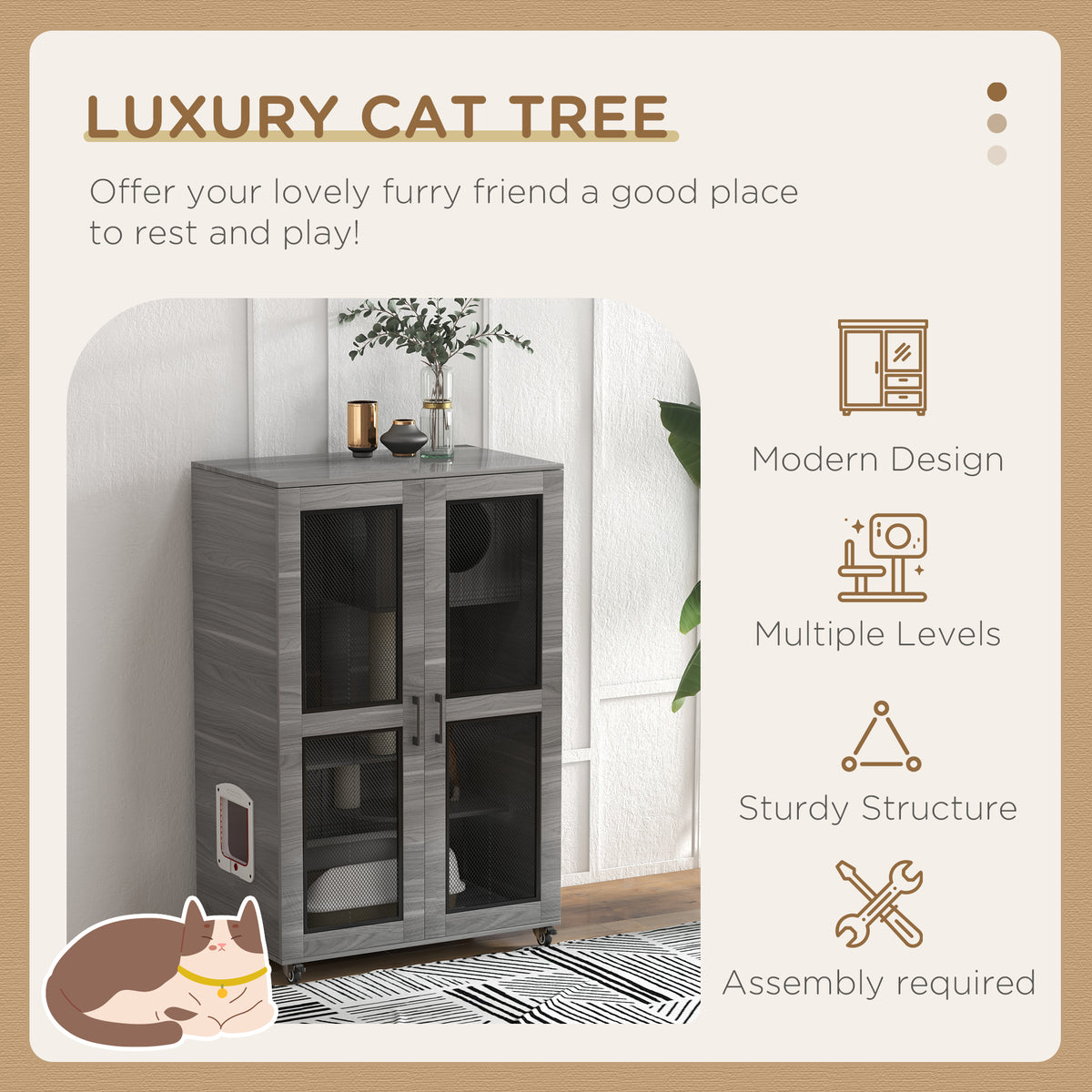 PawHut Cat House with Cat Tree, Kitty Cage with Scratching Posts Condo Cat Enclosure Lockable Wheels, Gray| Aosom.com