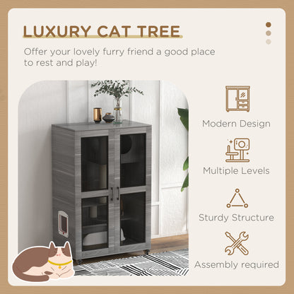 PawHut Cat House with Cat Tree, Kitty Cage with Scratching Posts Condo Cat Enclosure Lockable Wheels, Gray| Aosom.com