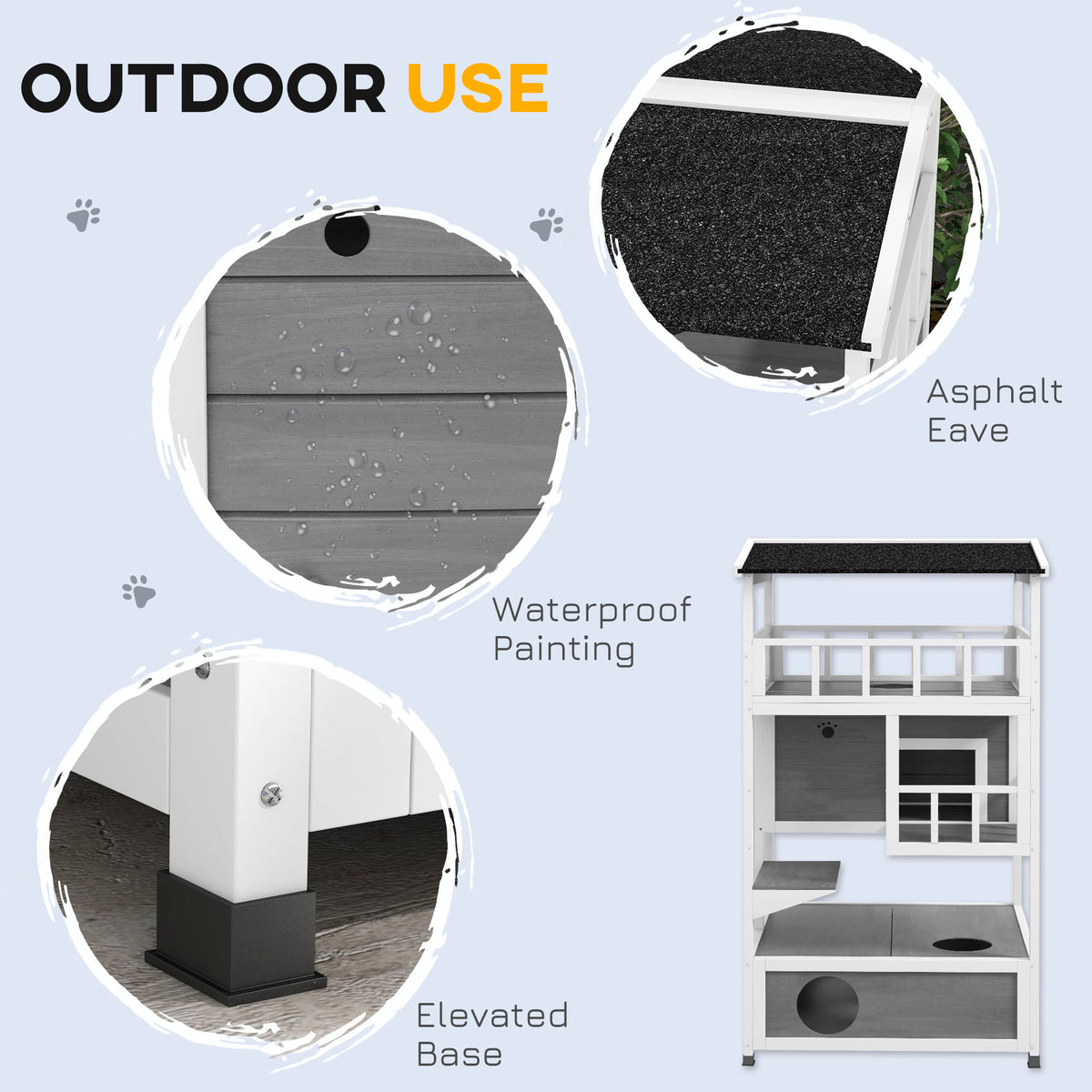 PawHut Wooden Outdoor Cat House with Asphalt Roof, Escape Doors, Condo, Jumping Platform, Light Gray