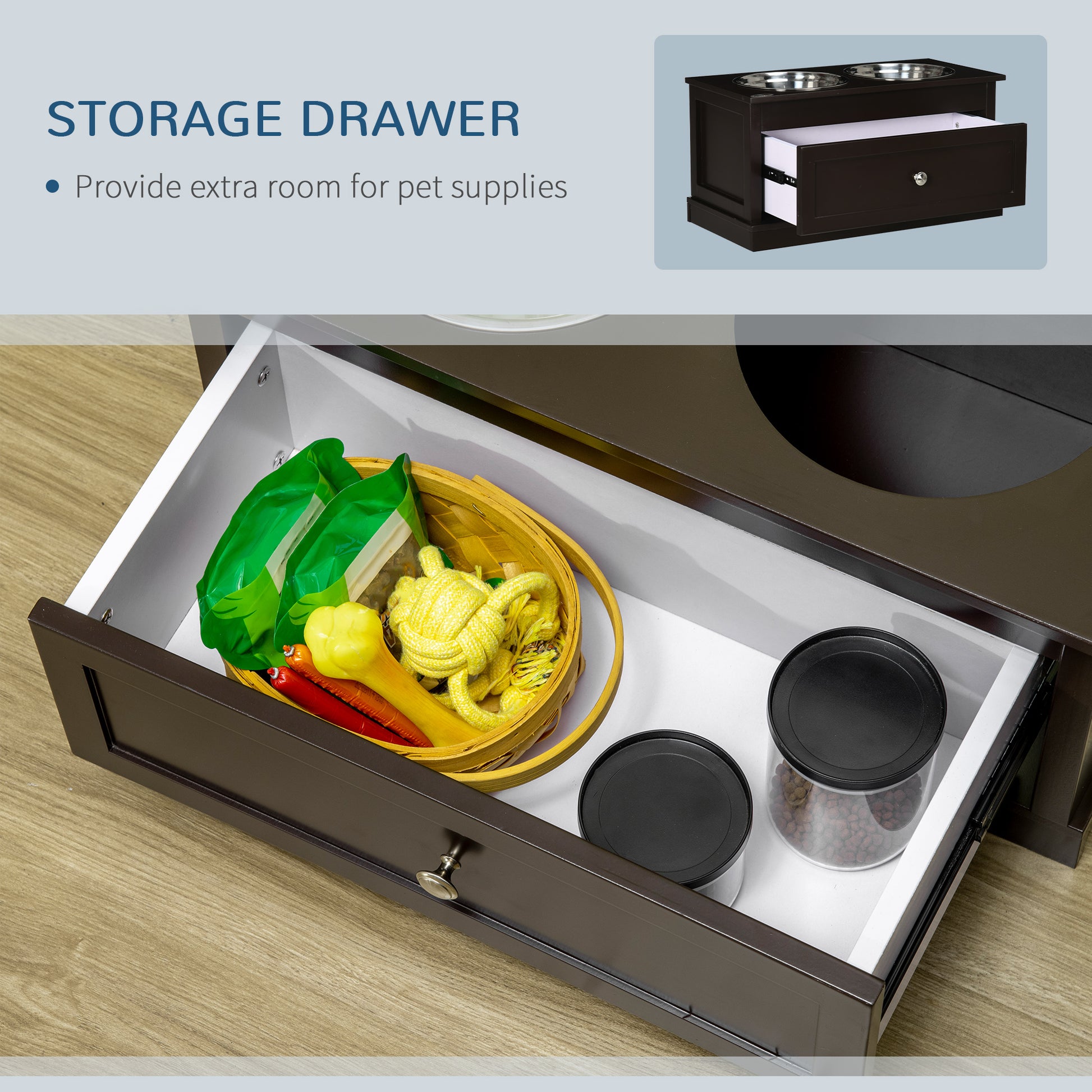 PawHut Double Elevated Dog Bowls for Large Dogs, Raised Dog Feeding Station with 2 Stainless Steel Bowls, Storage Drawer & Wood Stand for Cats, Brown
