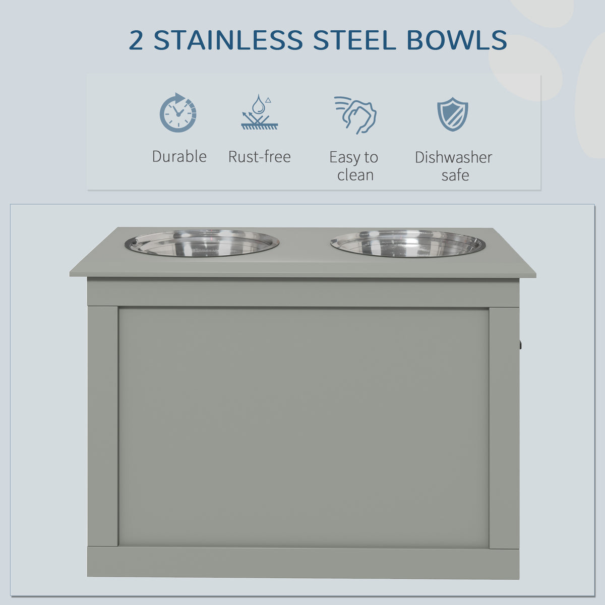 PawHut Raised Dog Feeding Station with 2 Stainless Steel Bowls and Storage for Large Dogs and Other Large Pets Gray