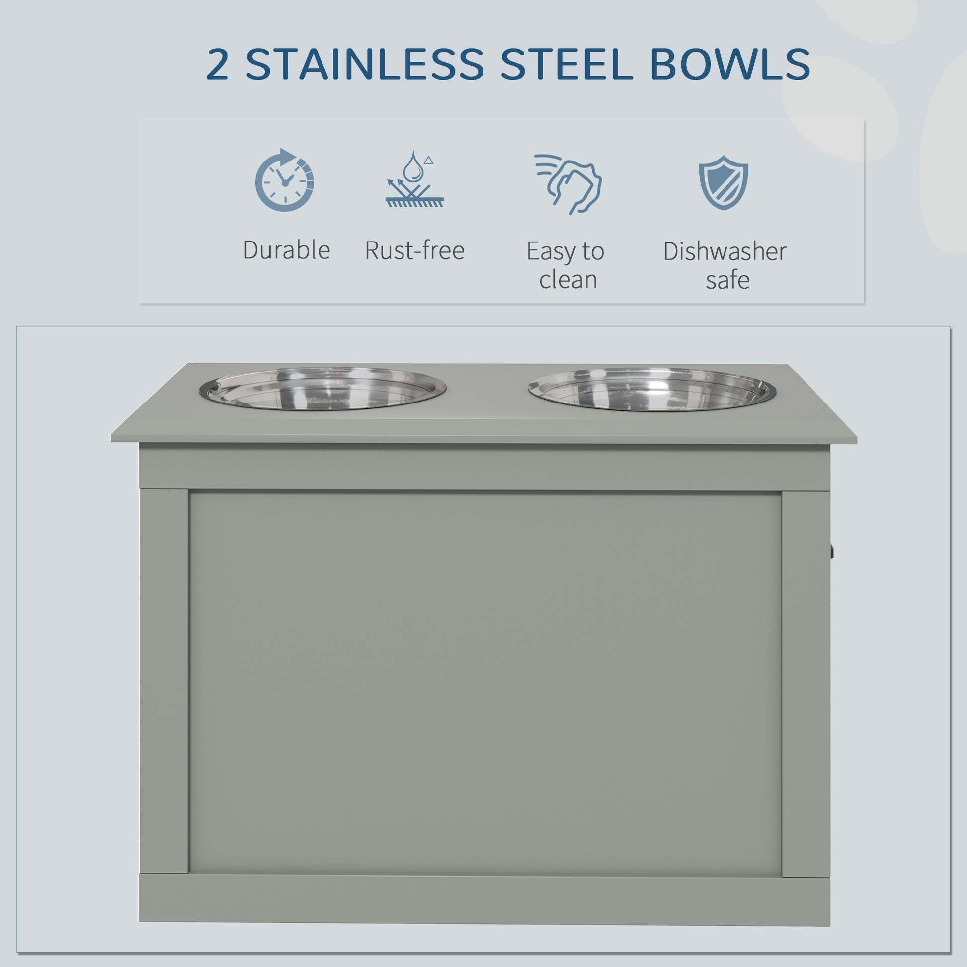 PawHut Raised Dog Feeding Station with 2 Stainless Steel Bowls and Storage for Large Dogs and Other Large Pets Gray