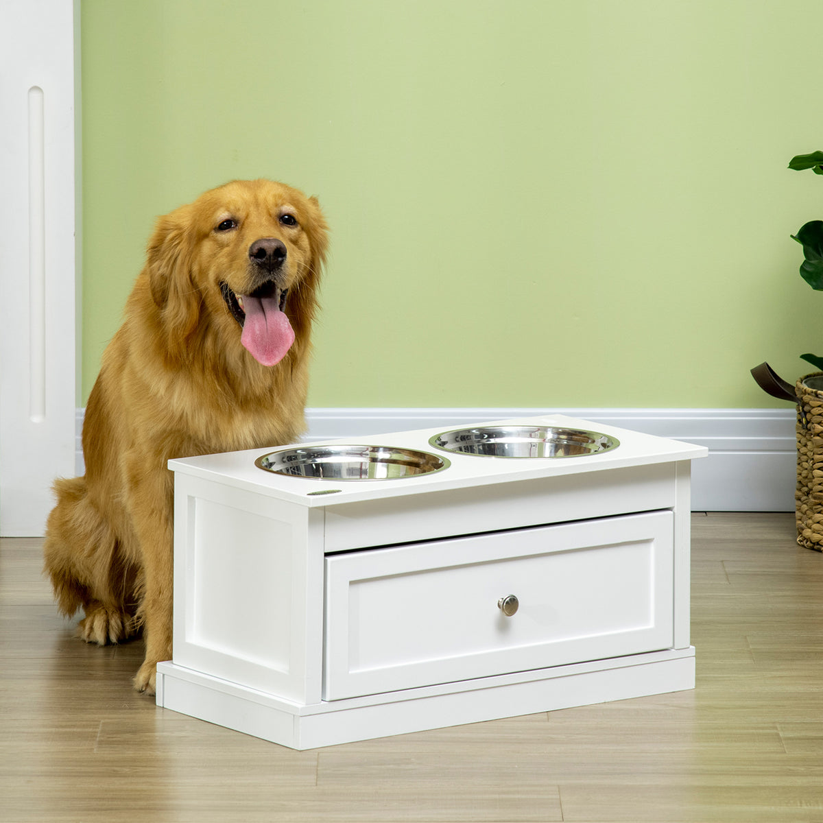PawHut Elevated Dog Bowls Large Dog Feeder Station with 2 Stainless Steel Bowls Storage Drawer Wood Stand White | Aosom.com
