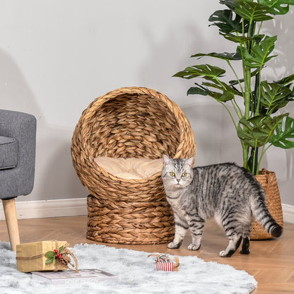 PawHut Wicker Elevated Cat Bed with Soft Cushion Brown Cat Egg Chair Shape Indoor | Aosom.com