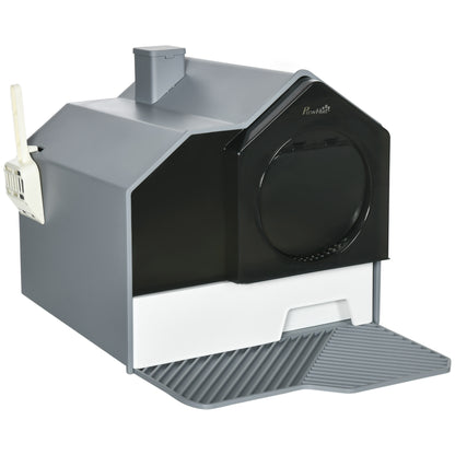 PawHut Hooded Cat Litter Box Furniture Gray Particle Catching Drawer Type Pan Scoop Easy Cleaning | Aosom.com