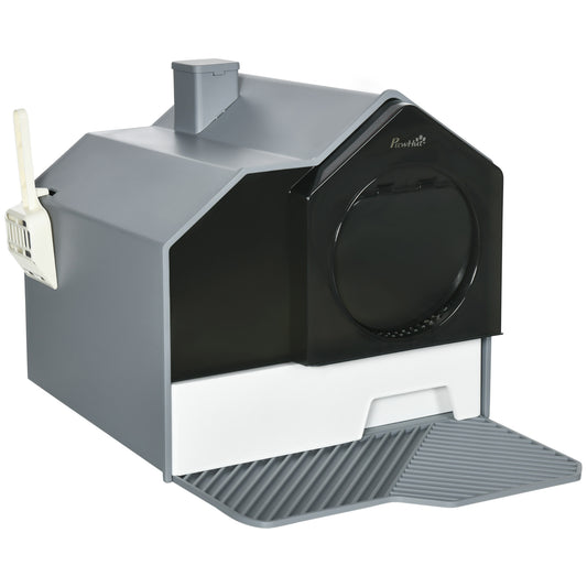 PawHut Hooded Cat Litter Box Furniture Gray Particle Catching Drawer Type Pan Scoop Easy Cleaning | Aosom.com