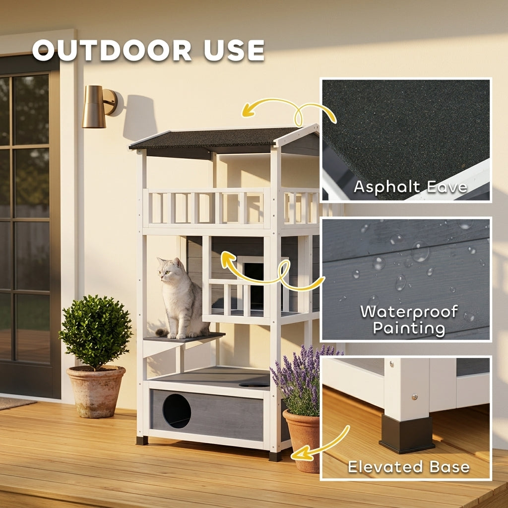 PawHut Solid Wood 4-Floor Cat Condo with Litter Box Space Multi-Level Cat Villa | Aosom.com