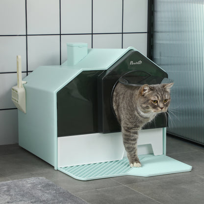 PawHut Hooded Cat Litter Box with Mat, Particle Catching, Easy Clean, Light Blue | Aosom.com