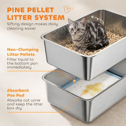 PawHut Stainless Steel Sifting Litter Box for Pine Pellets, Large Metal Litter Box with Sifter Tray, Metal Scoop, 10 Pee Pads
