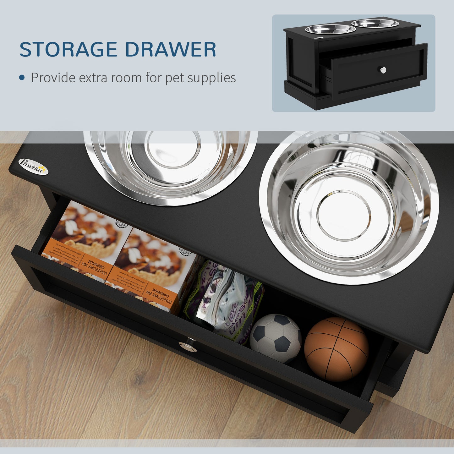 PawHut Elevated Dog Bowls with Storage Drawer, Raised Dog Bowl Stand Pet Food Bowl Dog Feeding Station, Black