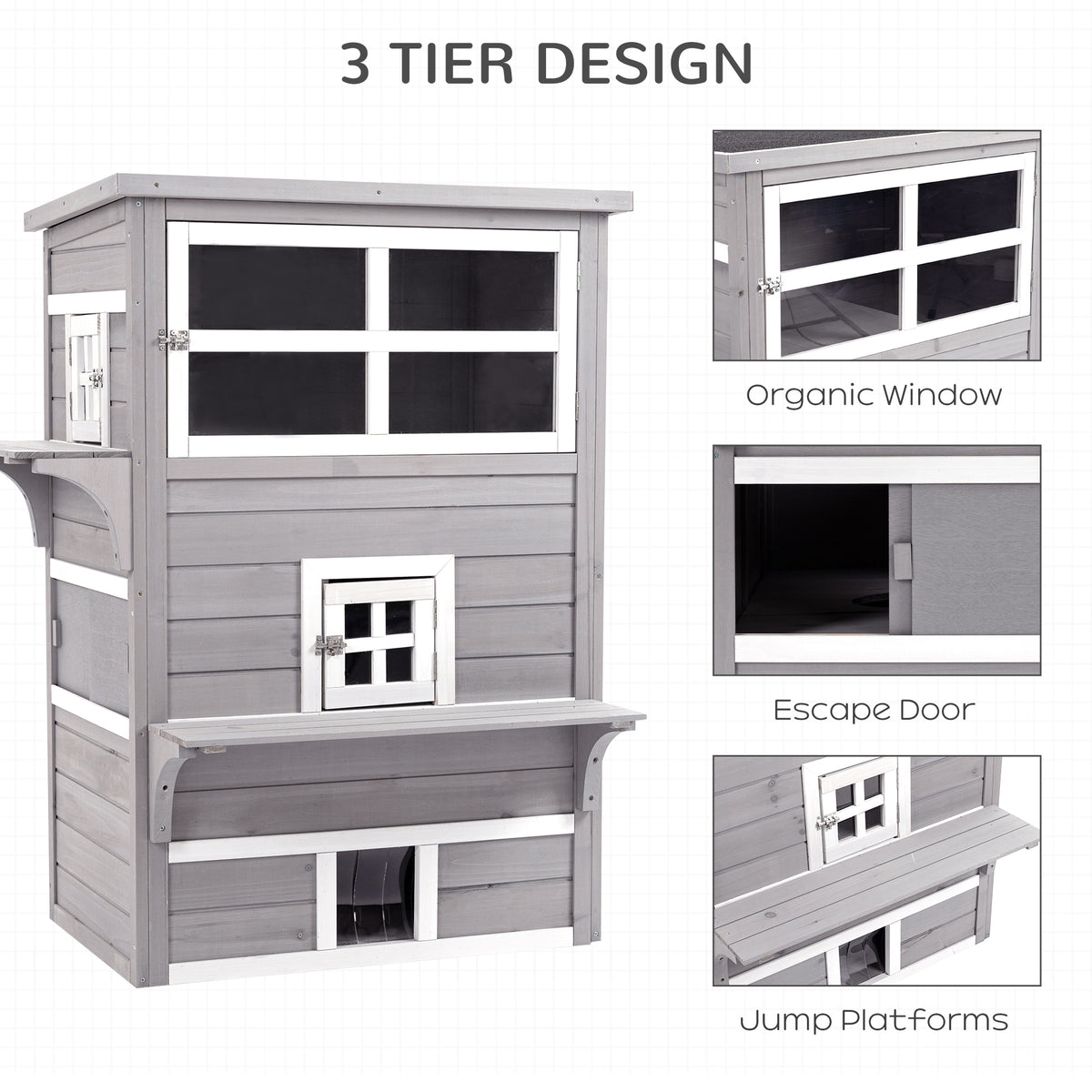 PawHut 3-Tier Feral Cat House Outdoor Kitten Condo with Raised Floor Asphalt Roof Escape Door Jumping Platform Gray | Aosom.com
