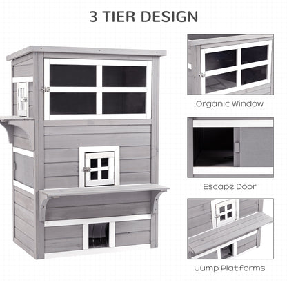 PawHut 3-Tier Feral Cat House Outdoor Kitten Condo with Raised Floor Asphalt Roof Escape Door Jumping Platform Gray | Aosom.com