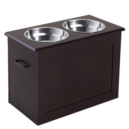 PawHut Raised Dog Feeding Station with 2 Stainless Steel Bowls Storage Large Pets Dark Brown | Aosom.com
