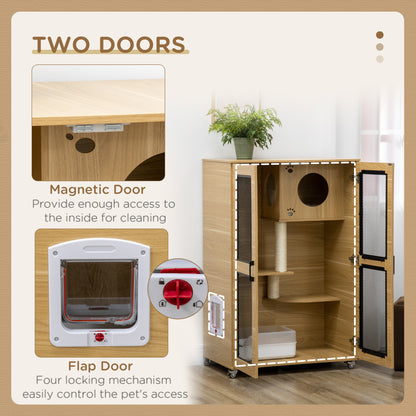 PawHut Cat House with Cat Tree, Kitty Cage with Scratching Posts Condo Cat Enclosure Lockable Wheels, Oak| Aosom.com