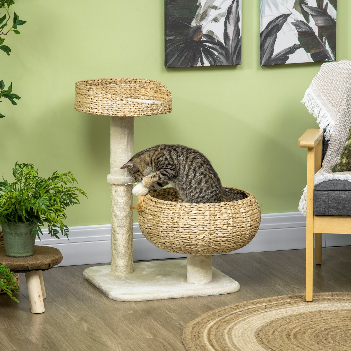 PawHut 28" Elevated Cat Bed with Sisal Scratching Post, Modern Cat Tree with Cute Basket Design, Small Cat Tree with Fun Ball Toy