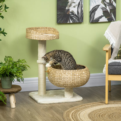 PawHut 28" Elevated Cat Bed with Sisal Scratching Post, Modern Cat Tree with Cute Basket Design, Small Cat Tree with Fun Ball Toy