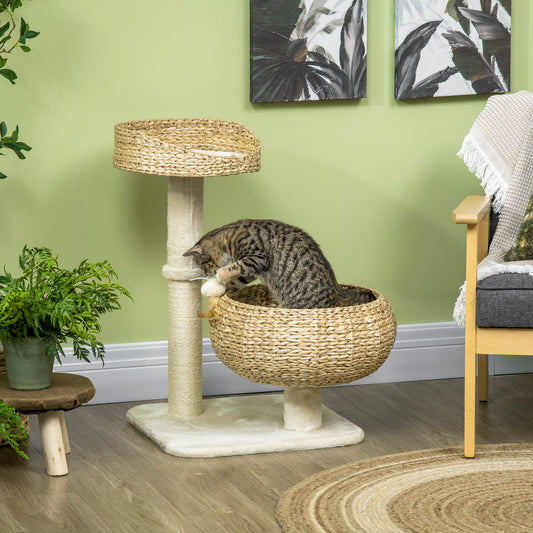 PawHut 28" Elevated Cat Bed with Sisal Scratching Post, Modern Cat Tree with Cute Basket Design, Small Cat Tree with Fun Ball Toy