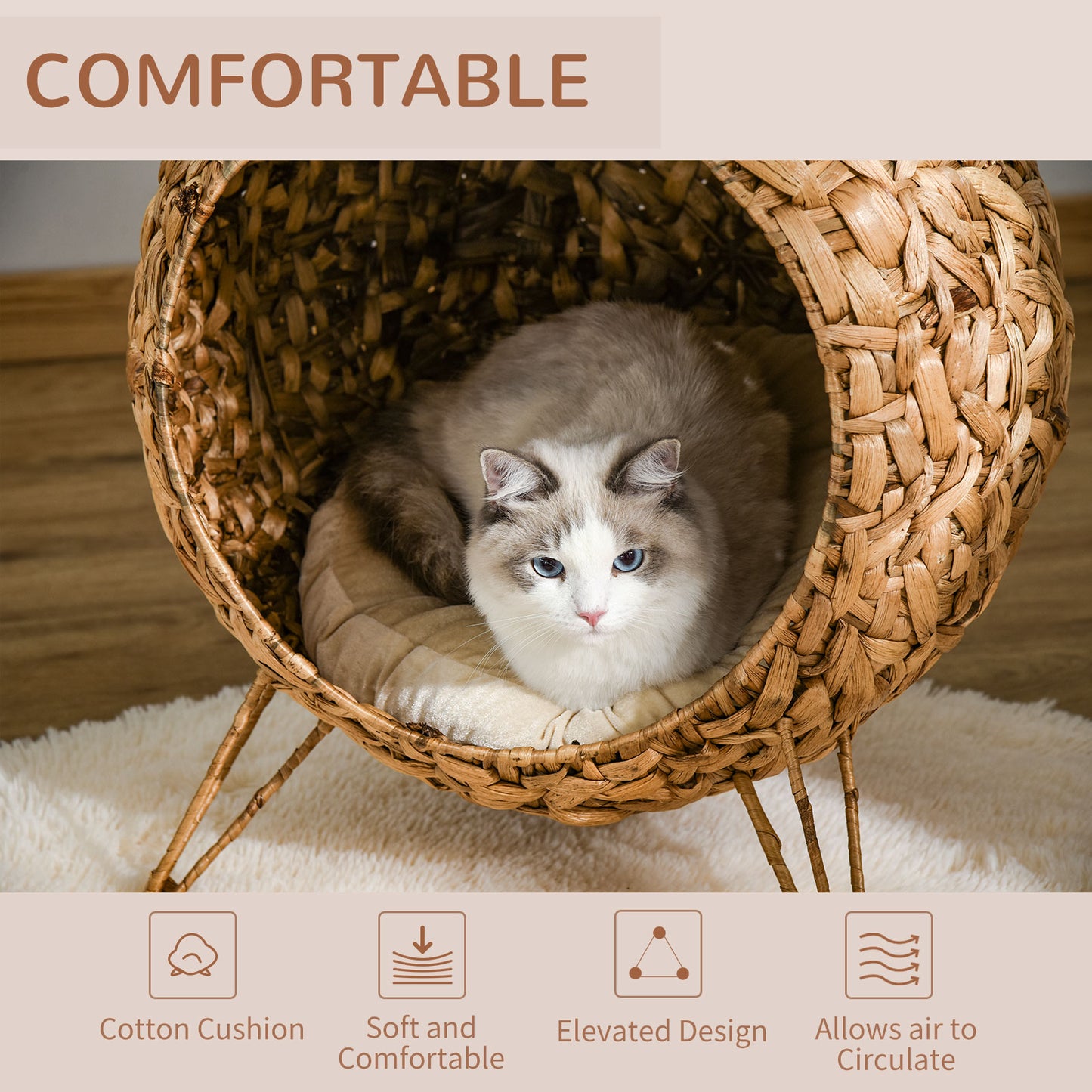 PawHut 20.5 Weaved Cat Bed Elevated Hand Made Cat House Condo with Cushion Brown | Aosom.com