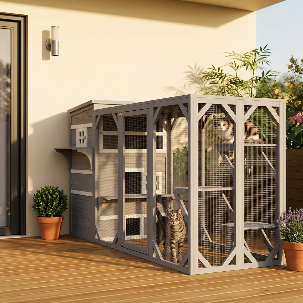 PawHut 3-Tier Feral Cat House Outdoor Kitten Condo with Raised Floor Asphalt Roof Escape Door Jumping Platform Gray | Aosom.com