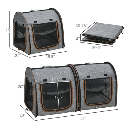 PawHut 39" Portable Twin Compartment Show House Cat Cage/Condo, Soft-Sided Pet kennel, Dual Compartment, Soft Cushions & Storage Bag, Gray