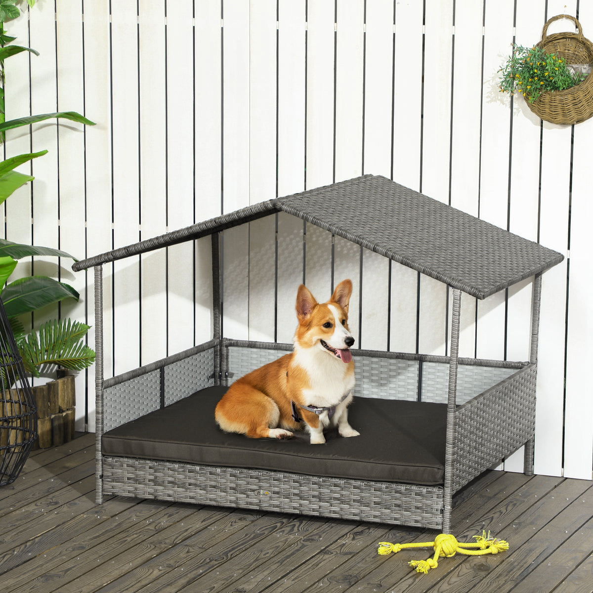 PawHut Rattan Outdoor Dog Bed with Canopy Soft Cushion Removable Cover Medium Large Dogs Charcoal Gray | Aosom.com