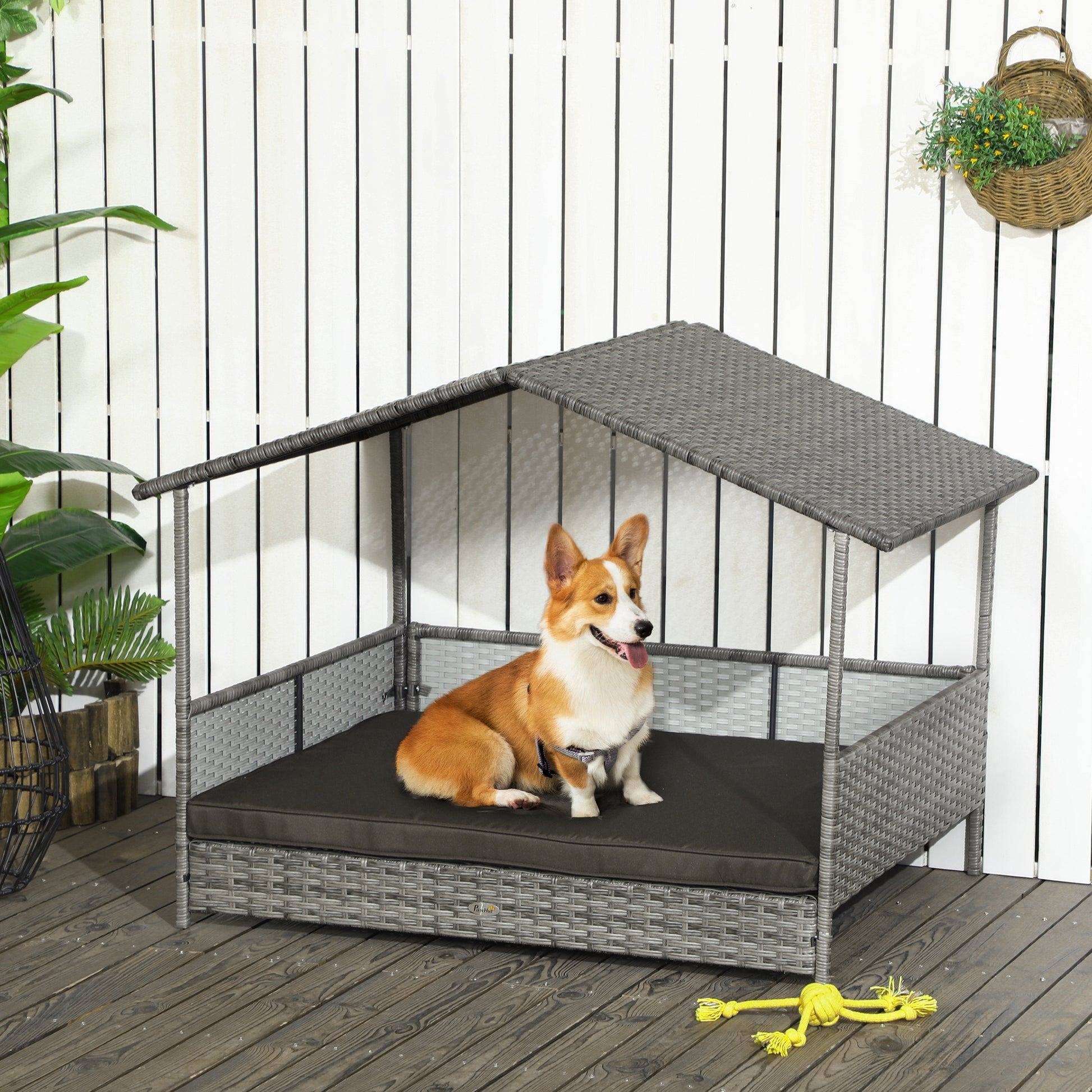 PawHut Rattan Outdoor Dog Bed with Canopy Soft Cushion Removable Cover Medium Large Dogs Charcoal Gray | Aosom.com
