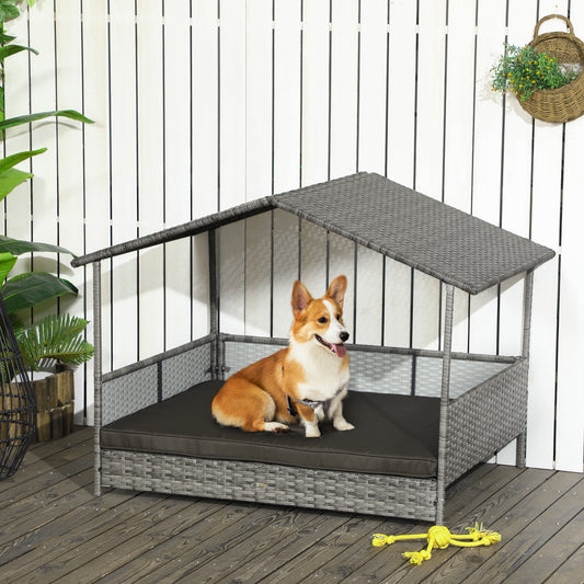 PawHut Rattan Outdoor Dog Bed with Canopy Soft Cushion Removable Cover Medium Large Dogs Charcoal Gray | Aosom.com