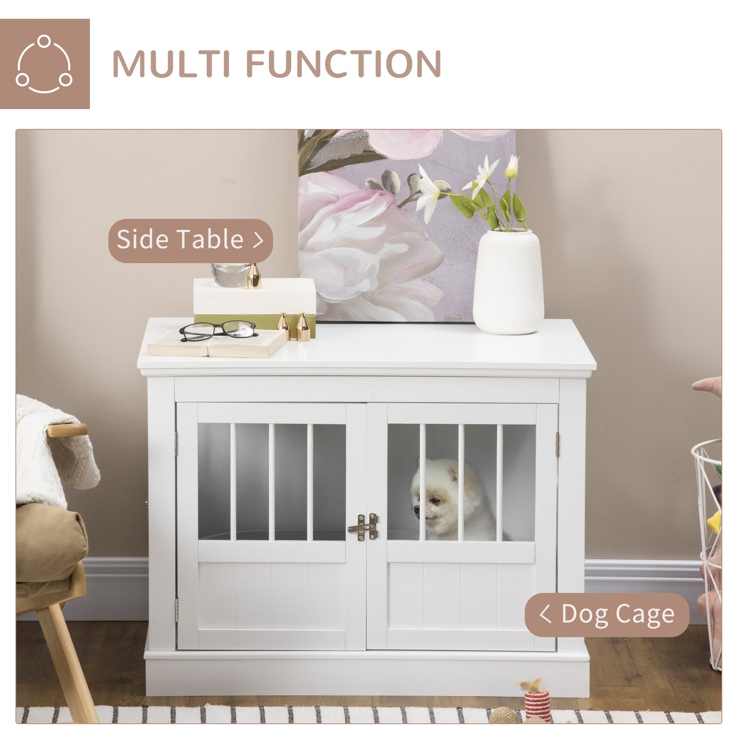 PawHut Wooden Dog Crate End Table, White, Triple Doors, Steel Tubes, for Small Dogs | Aosom.com