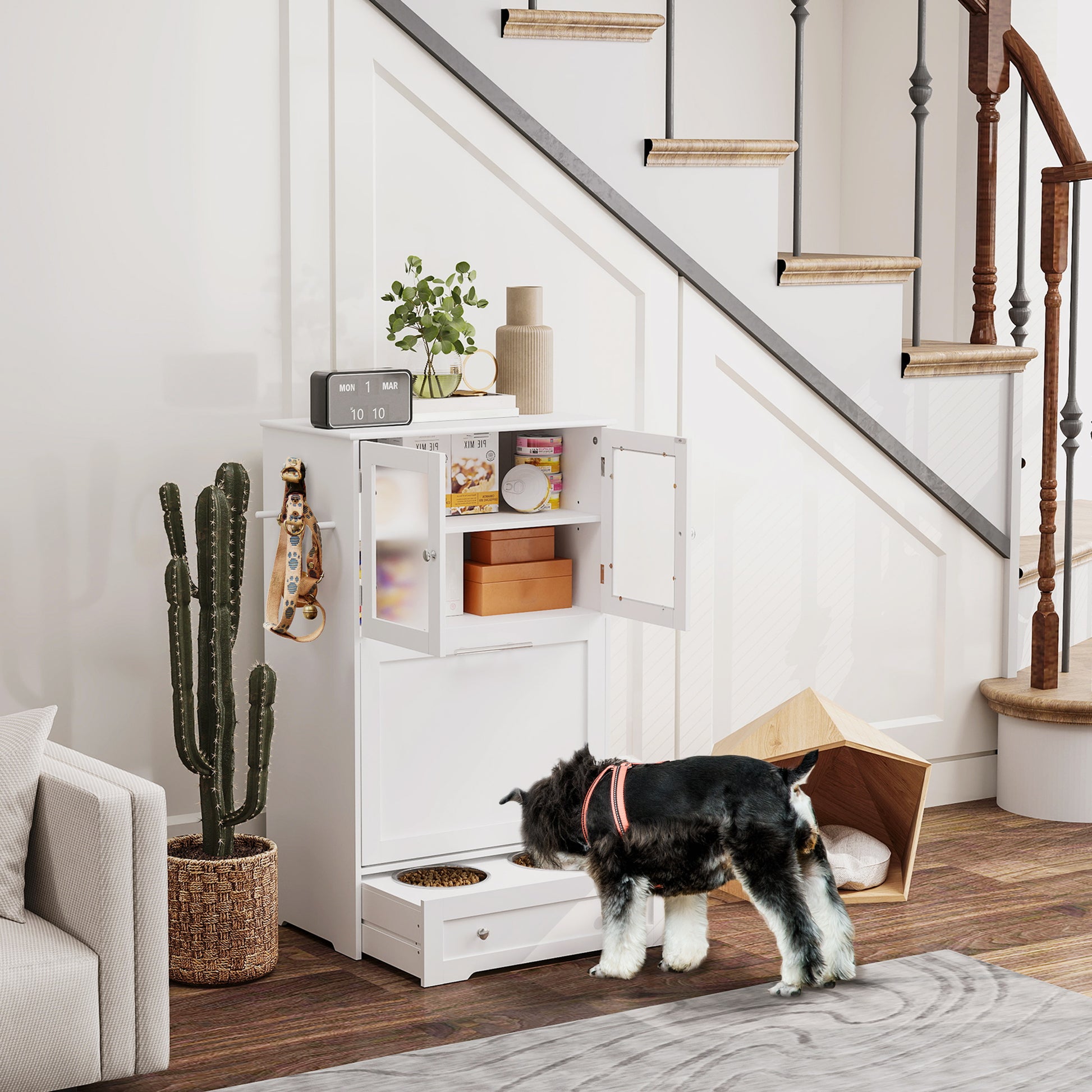 PawHut Dog Feeding Station with Two Storage Cabinets, 2 Elevated Dog Bowls, Side Hooks, Anti-tip Kit, for Feeding & Watering